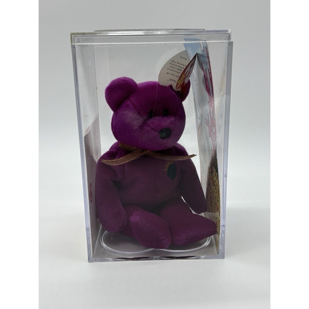 TY Beanie Babies Millennium‎ Bear 1999 Purple w/ Official Display Case Used